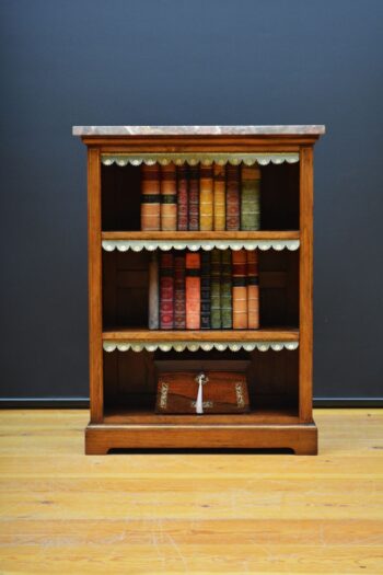 English Figured Walnut Open Bookcase with Marble Top