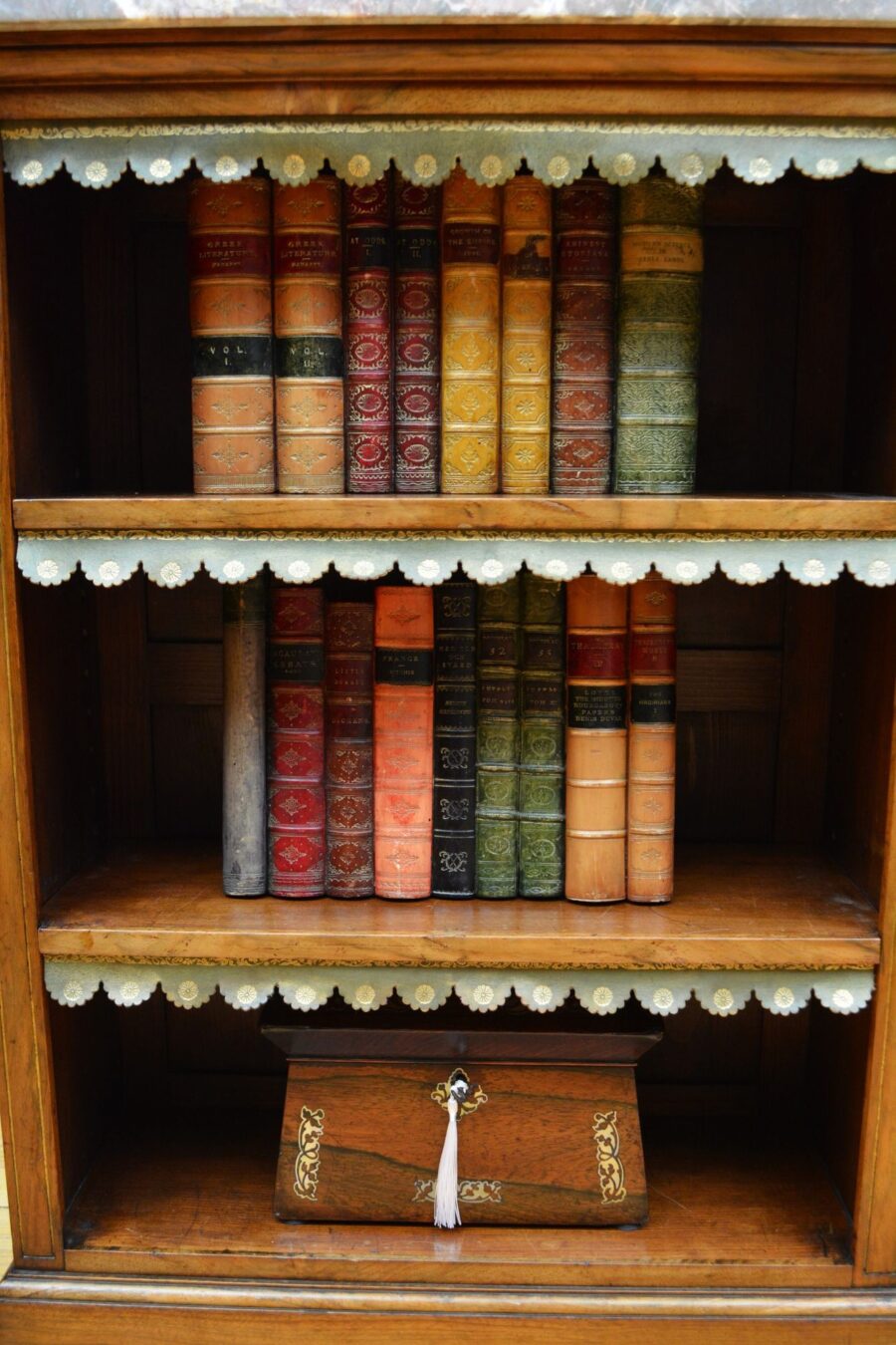 English Figured Walnut Open Bookcase with Marble Top - Image 13