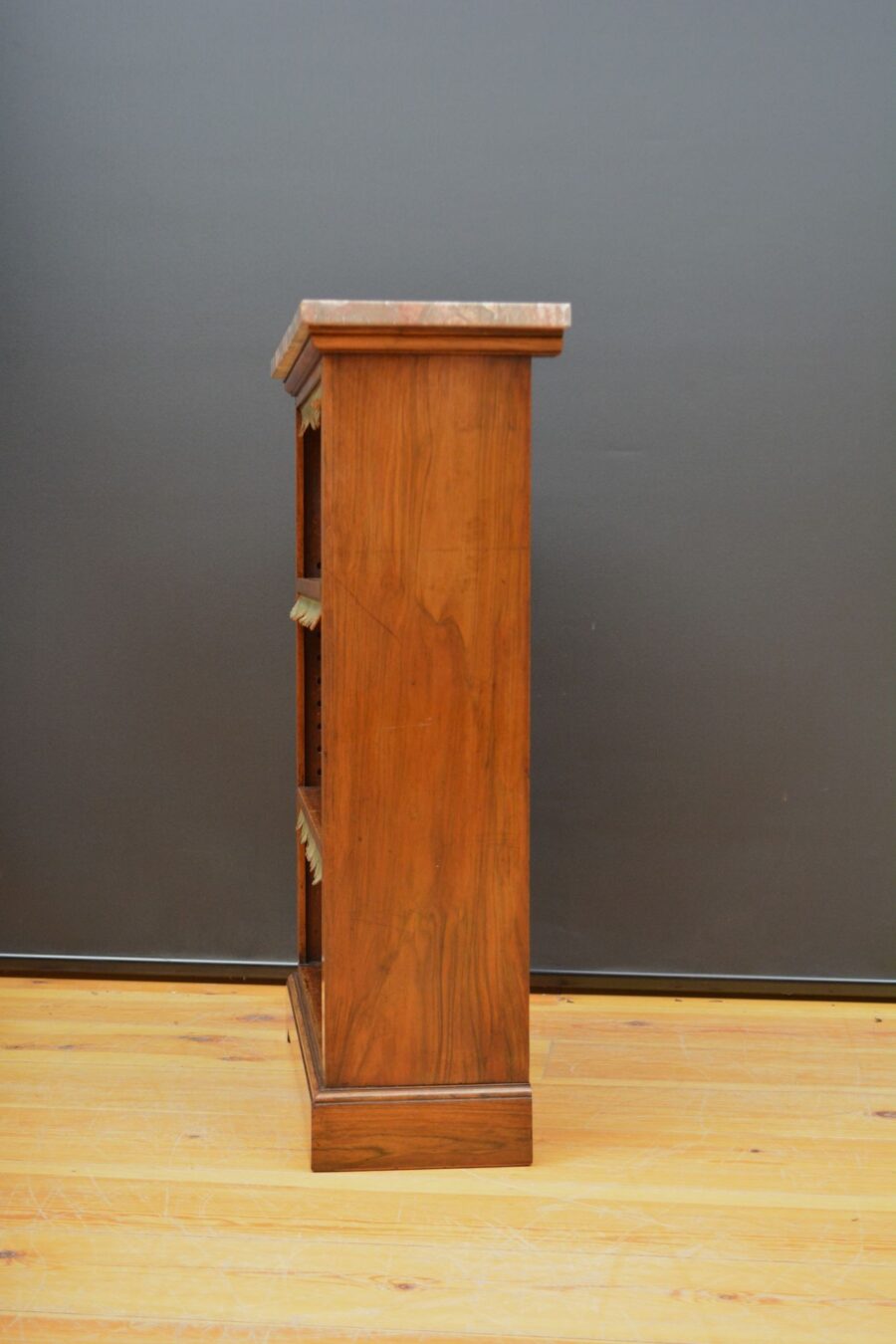 English Figured Walnut Open Bookcase with Marble Top - Image 14
