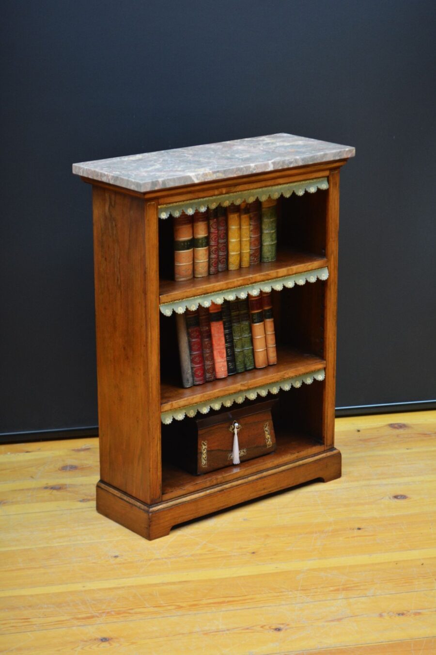 English Figured Walnut Open Bookcase with Marble Top - Image 2