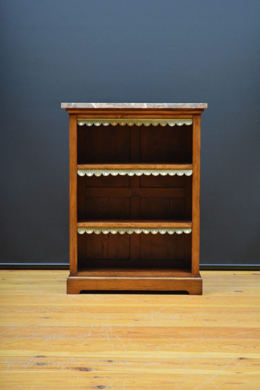 English Figured Walnut Open Bookcase with Marble Top - Image 3