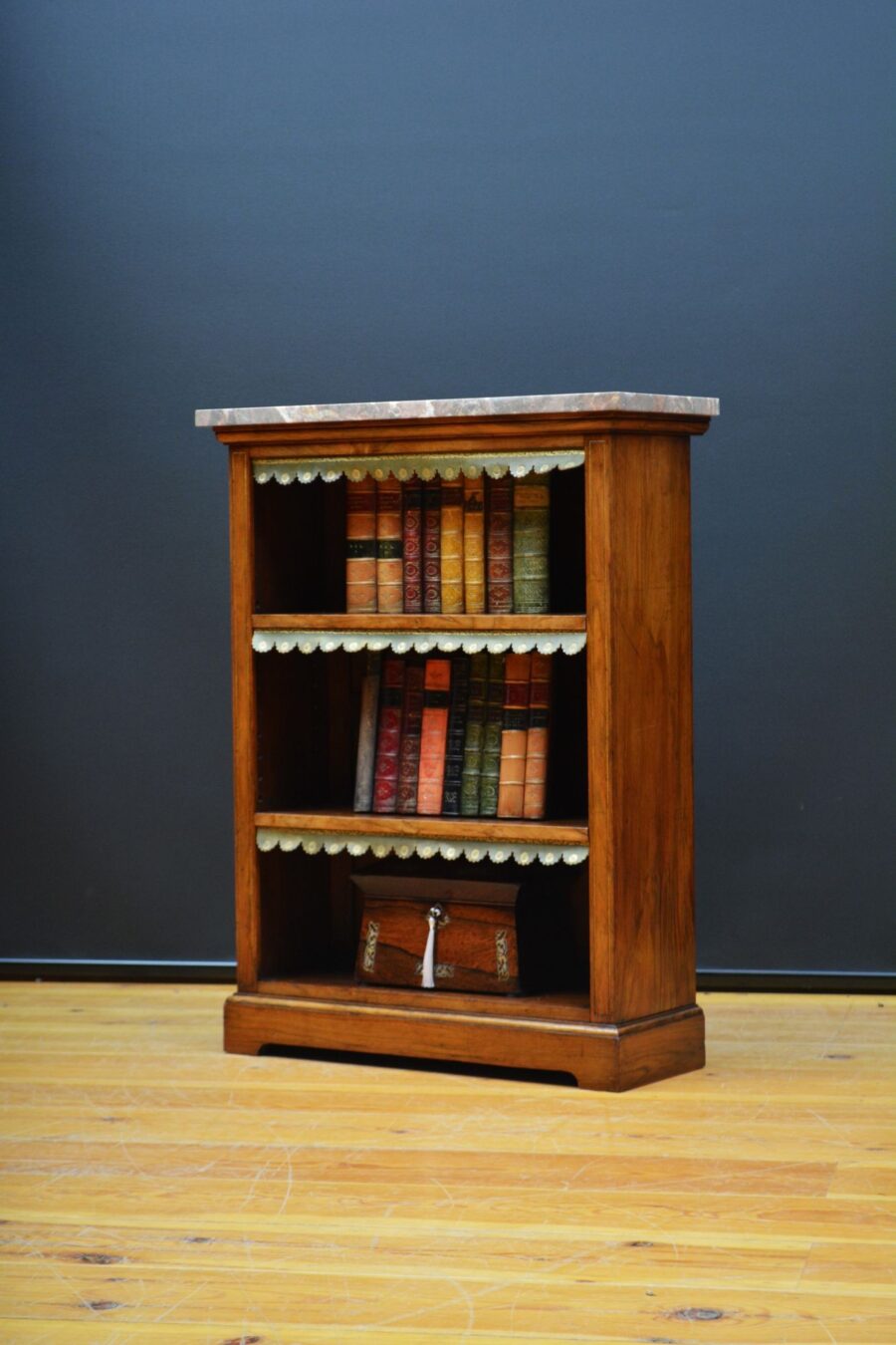 English Figured Walnut Open Bookcase with Marble Top - Image 4