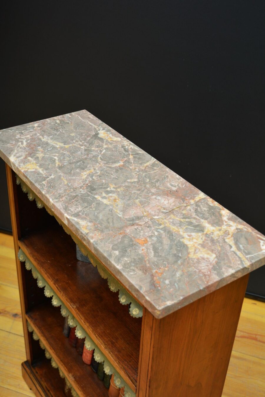 English Figured Walnut Open Bookcase with Marble Top - Image 7