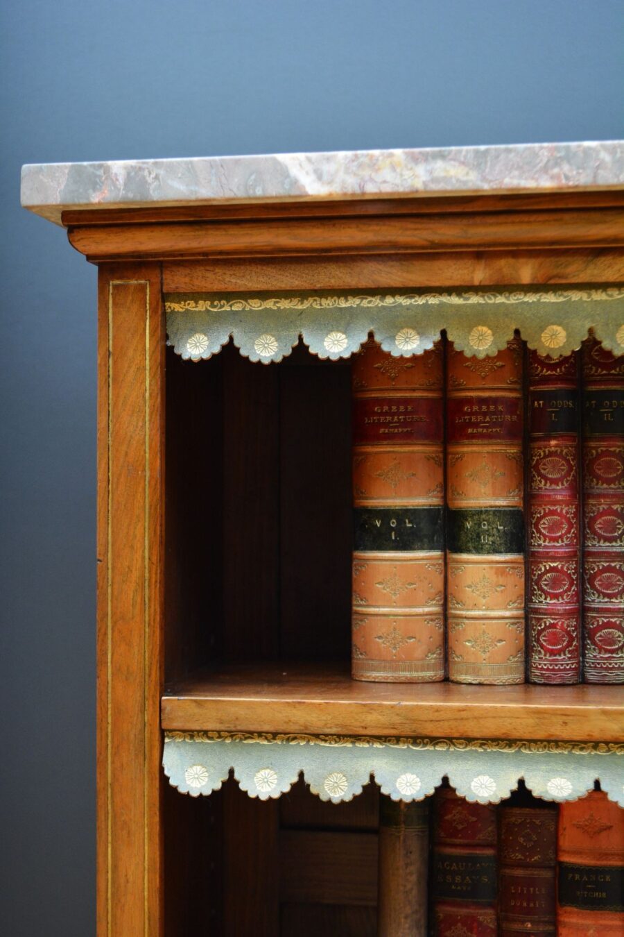 English Figured Walnut Open Bookcase with Marble Top - Image 9