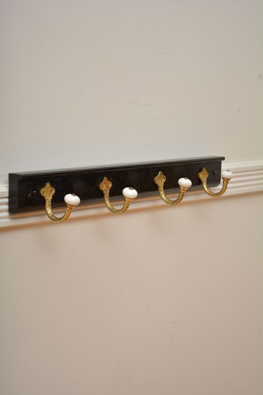 Brass and Ceramic Coat Hooks on Oak backing Coat Rack
